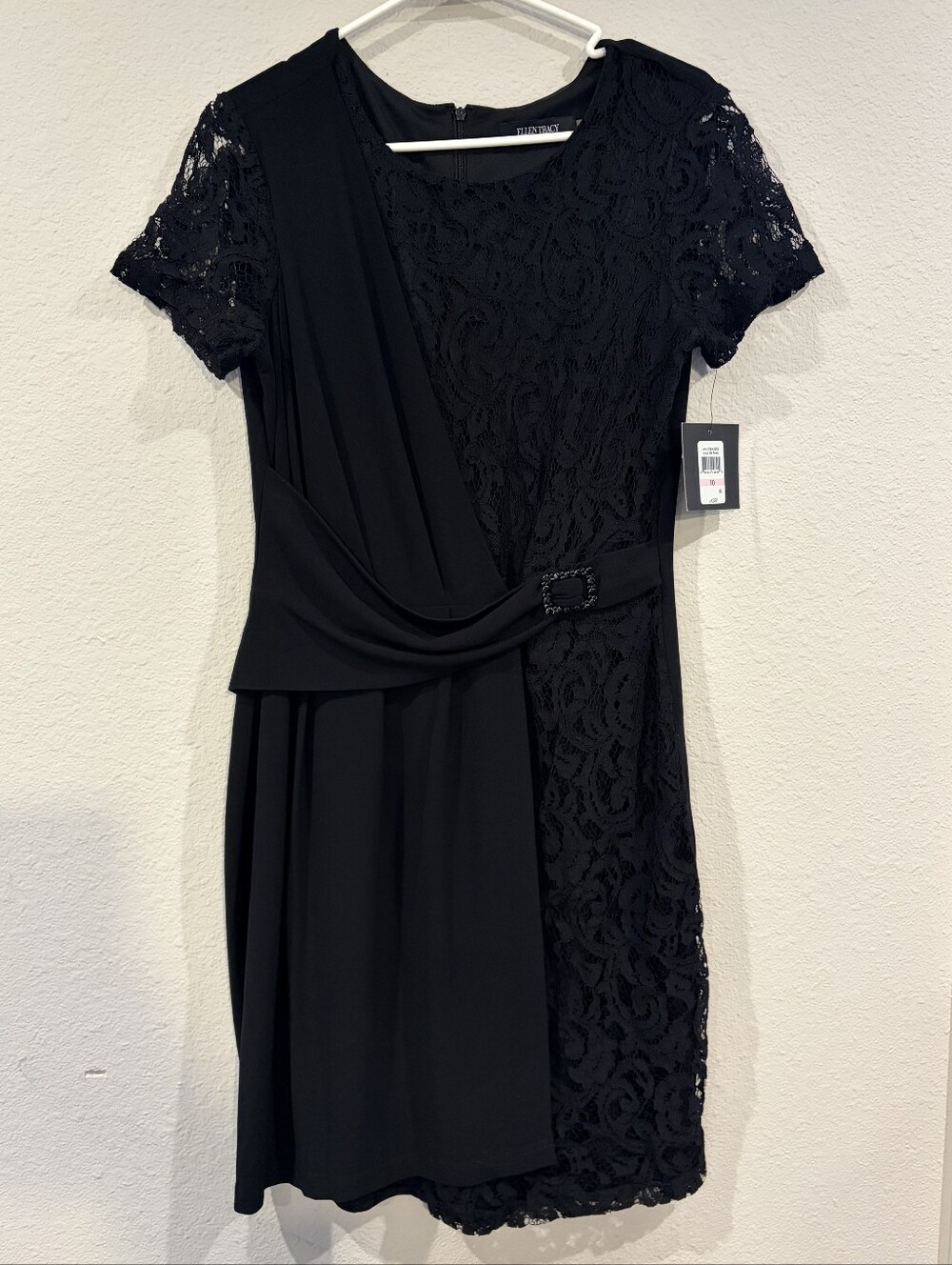 NEW Ellen Tracy Womens Black Lace Short Sleeve Faux Wrap Knee Length Dress 10